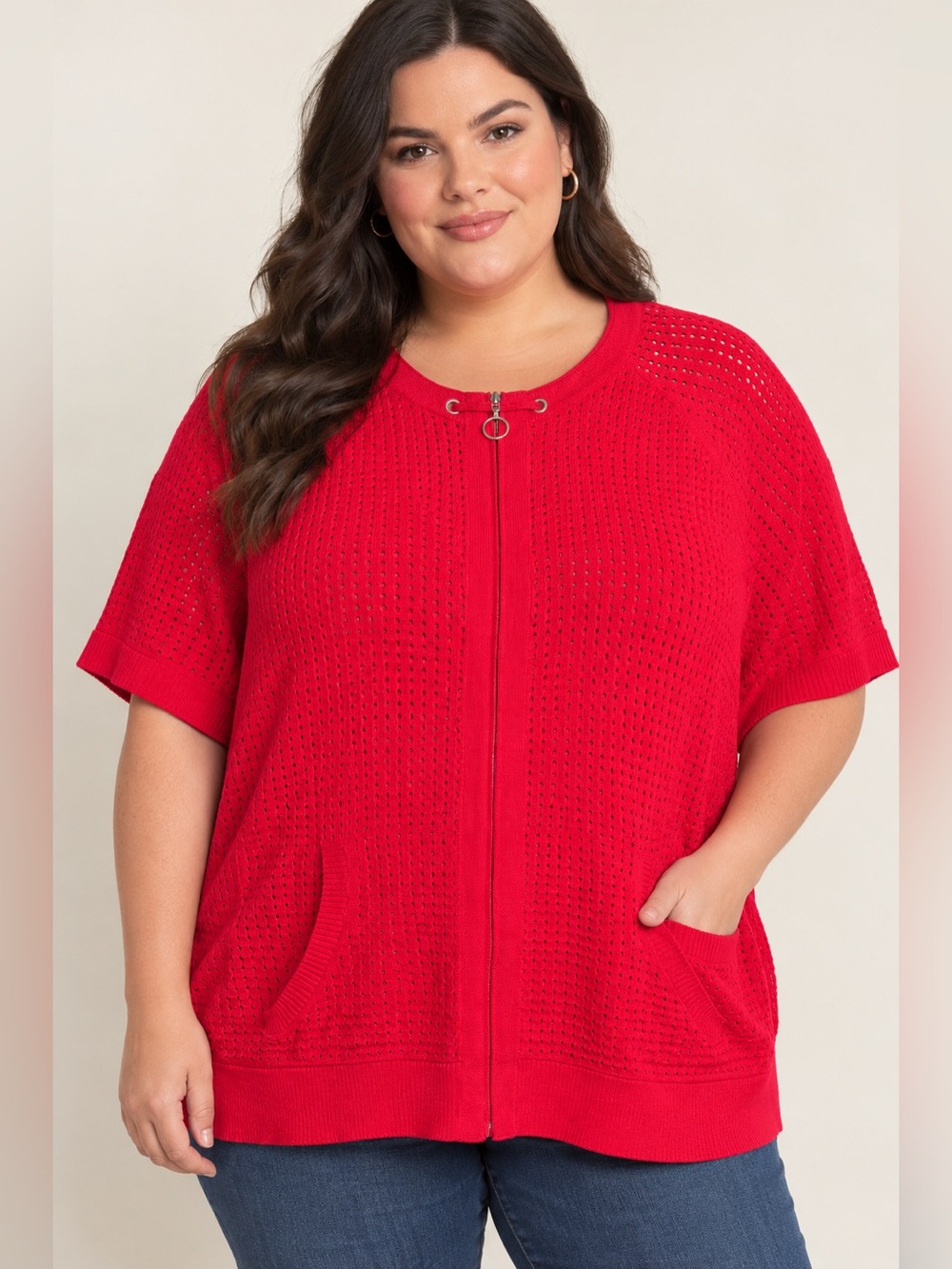 Christopher & Banks Bright Red Short-Sleeve Zip Front Knit